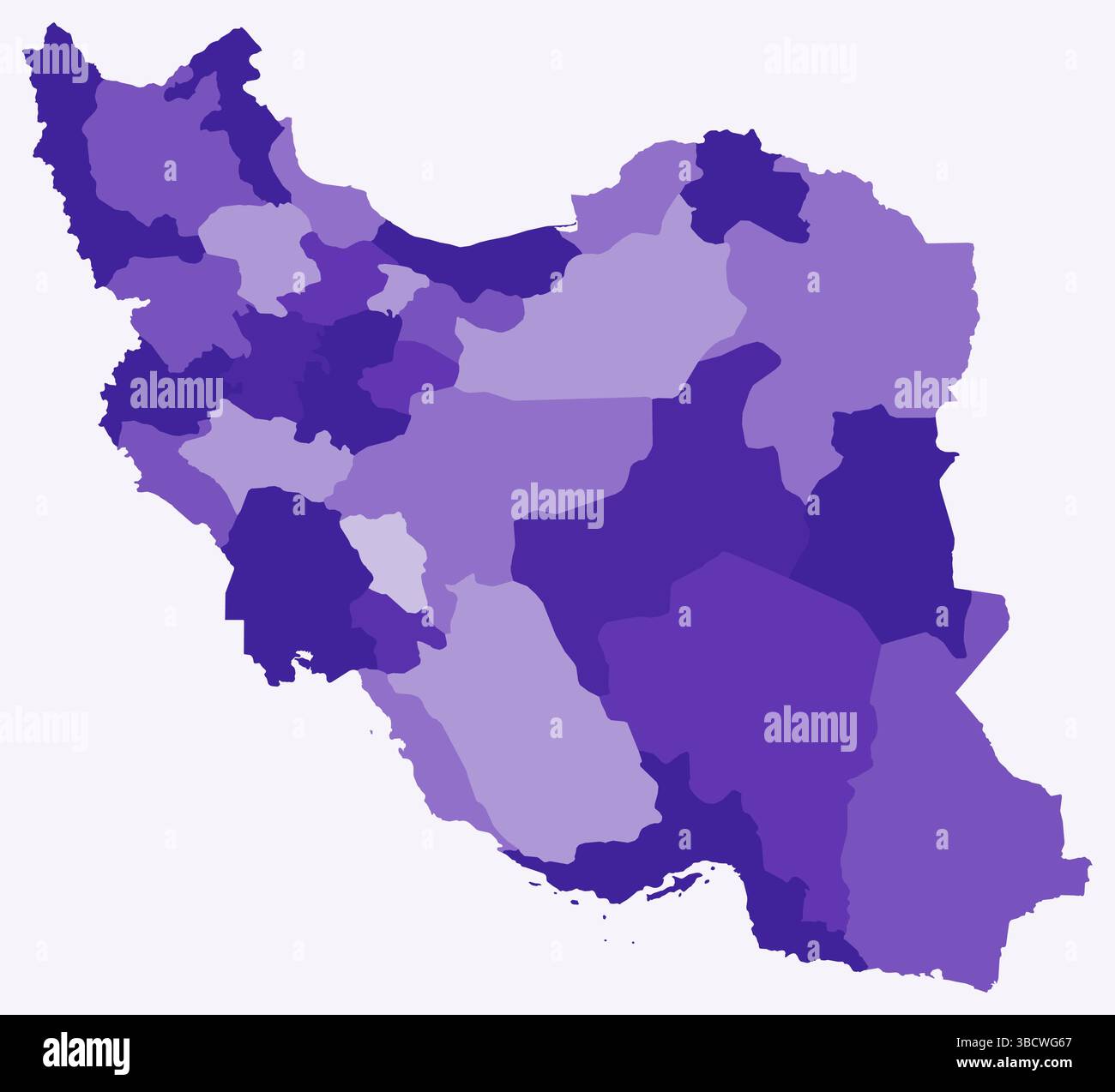 Mappa dell'Iran con le regioni. Solo una semplice mappa di confine con la divisione della regione. Tavolozza di colori viola intenso. Illustrazione Vettoriale