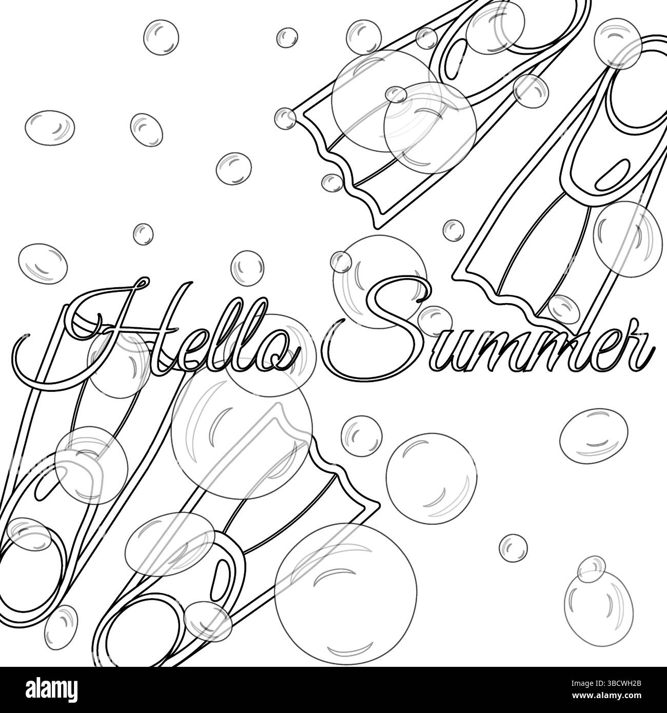 Il profilo della pagina da colorare disegna una scena del biglietto d'auguri subacqueo Hello Summer con pinne e bolle d'acqua. Per intrattenere i bambini, d'estate, mariti Illustrazione Vettoriale