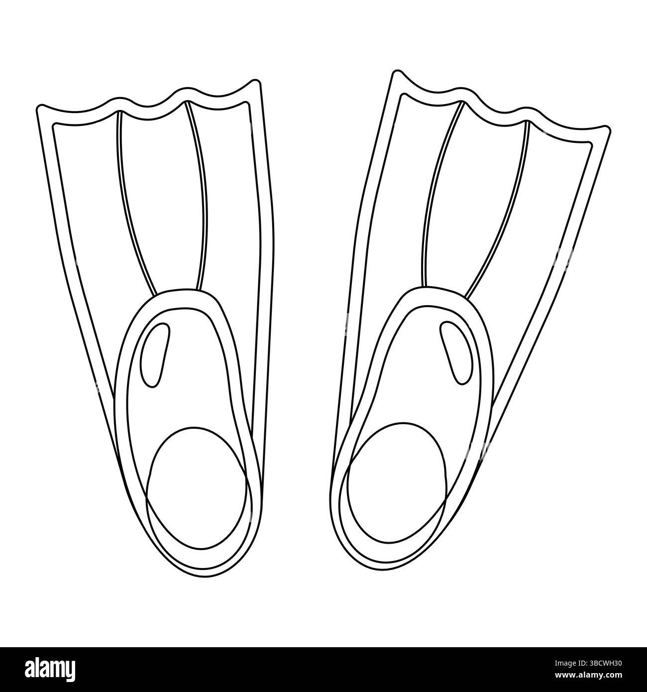 Pagina da colorare contorno estivo disegno di pinne o pinne da bagno. Attrezzatura per immersioni e snorkeling per l'esplorazione subacquea. Per divertirsi, d'estate Illustrazione Vettoriale