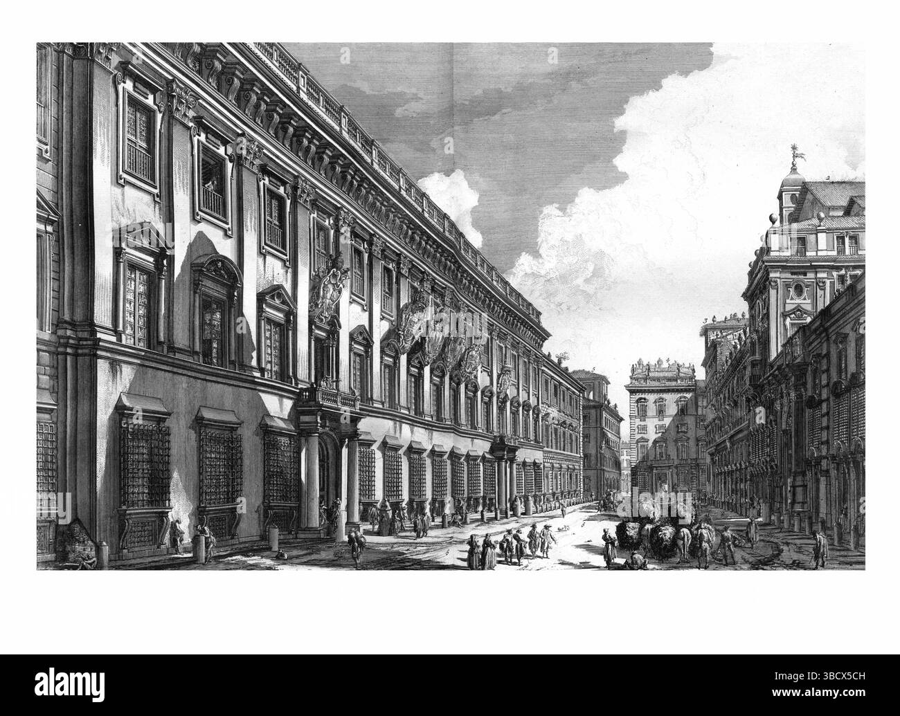 Incisione settecentesca di Palazzo Odescalchi a Roma, una nobile residenza barocca con facciata maestosa e storica architettura aristocratica romana. Foto Stock