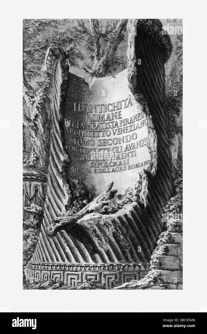 II volume delle Antichità romane di Piranesi con incisioni settecentesche di monumenti funerari a Roma e la campagna romana ad arco veneziano Foto Stock