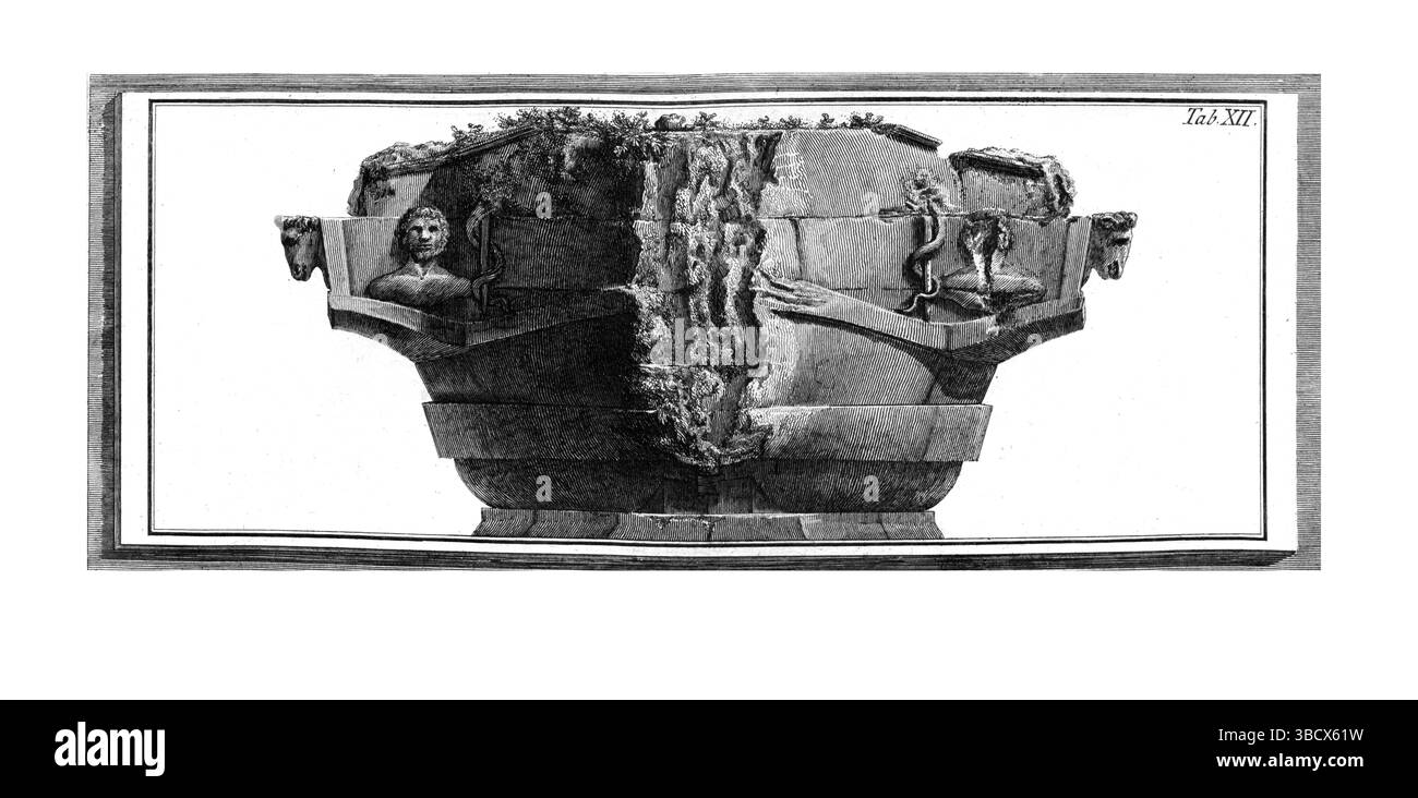 Incisione del XIX secolo che mostra l'elevazione a poppa del monumento della nave in pietra sull'isola Tevere di Roma, illustrando l'antica architettura fluviale romana. Foto Stock
