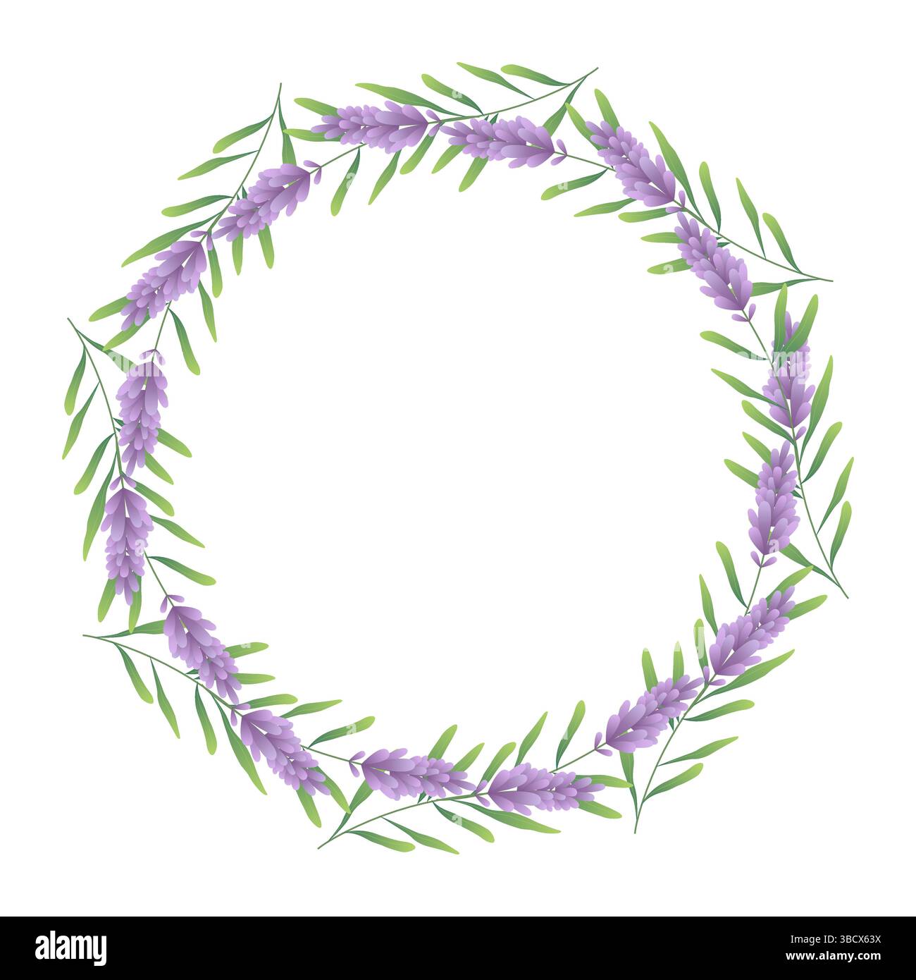 Cornice botanica circolare con foglie verdi lussureggianti e fiori di lavanda. Arte vegetale astratta Illustrazione Vettoriale
