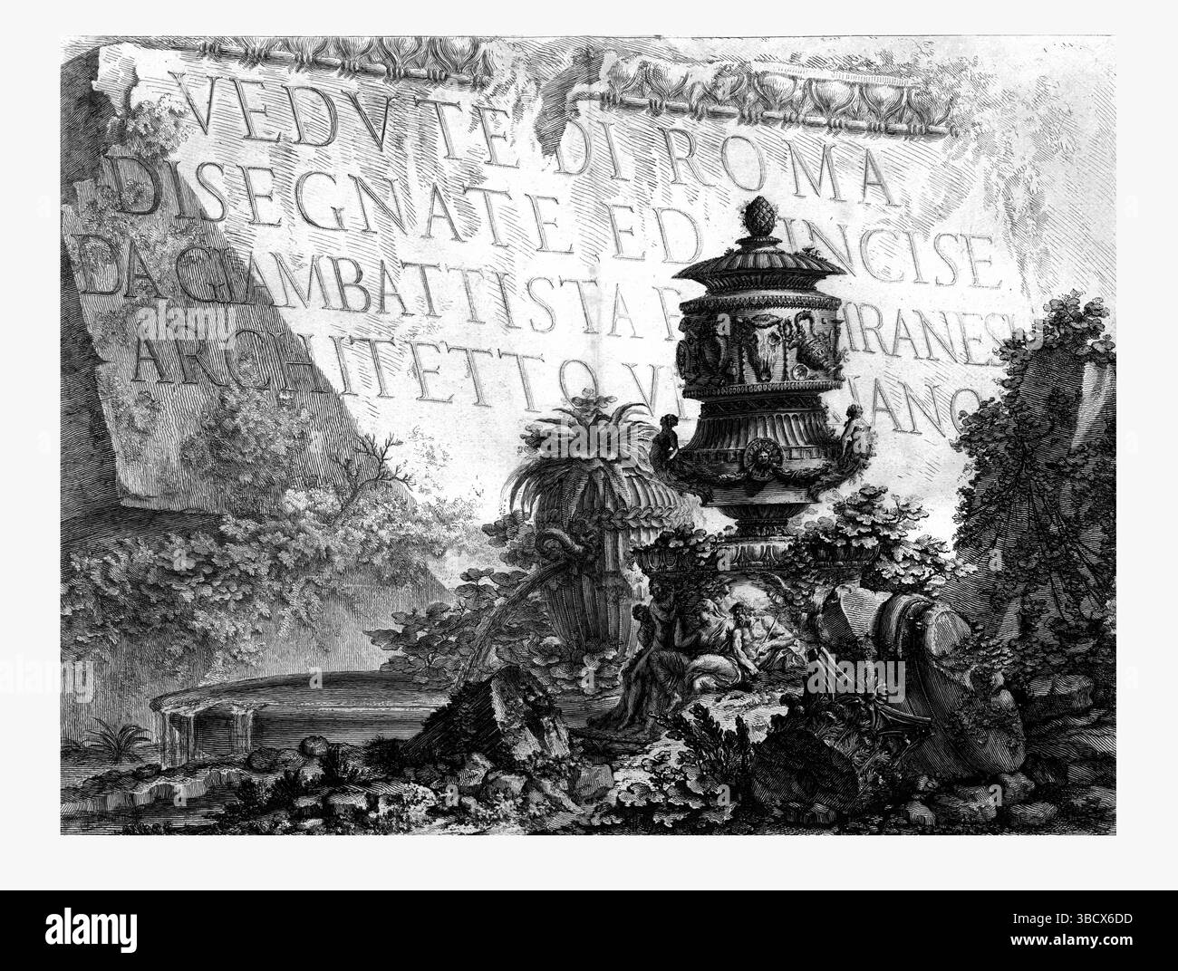 Stampe del XVIII secolo di rovine romane e monumenti di Piranesi, che mostrano l'architettura classica e le grandiose vedute della Roma antica e barocca in squisi Foto Stock