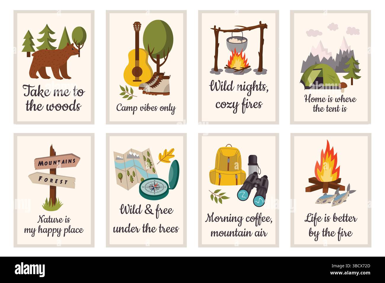 Set di poster illustrati per il campeggio con citazioni, con elementi essenziali per il campeggio come una mappa, una tenda, un caminetto, una chitarra, un orso, e montagne. Flat carto Illustrazione Vettoriale