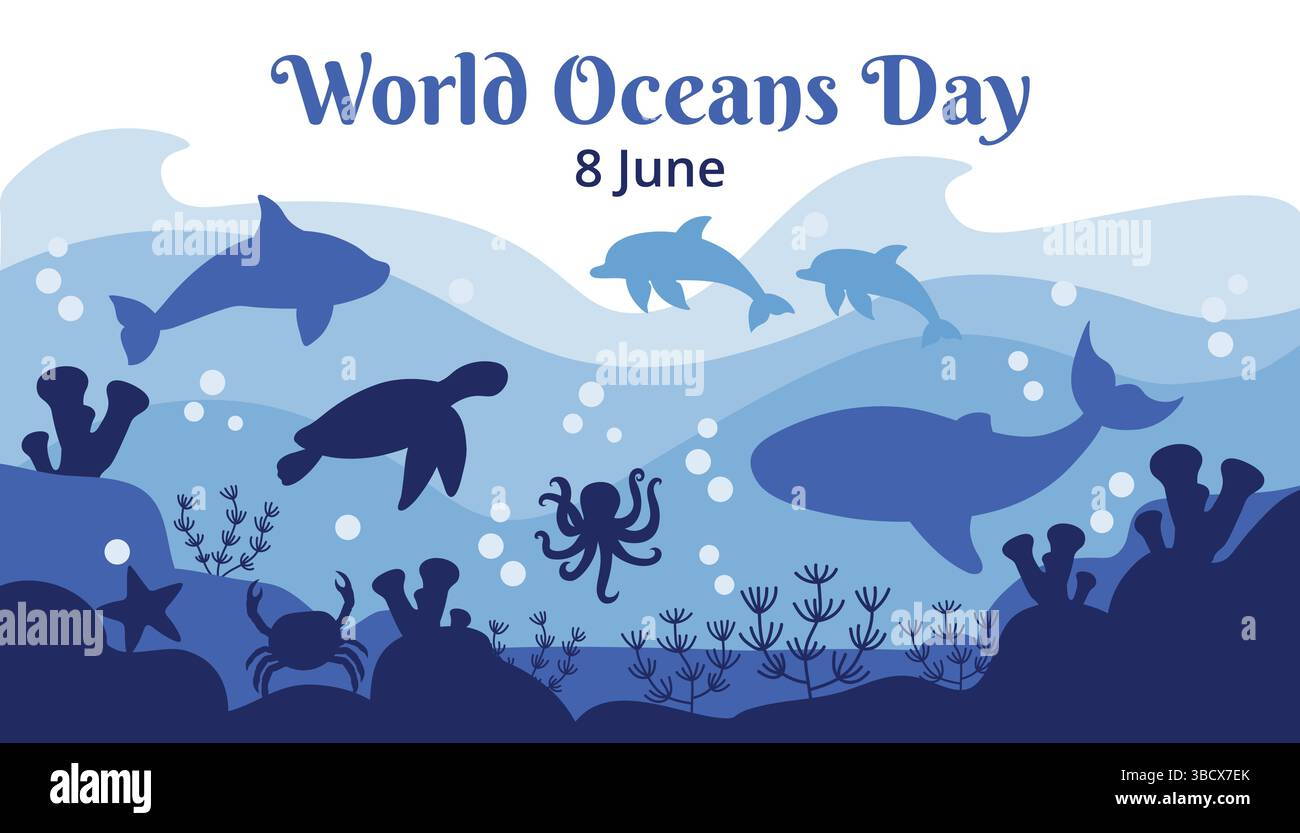 Carta giornata del mondo dei coloratissimi oceani che presenta una scena subacquea con sagome di balene, delfini, granchi, tartarughe e altri animali. Una allegra lan oceanica Illustrazione Vettoriale