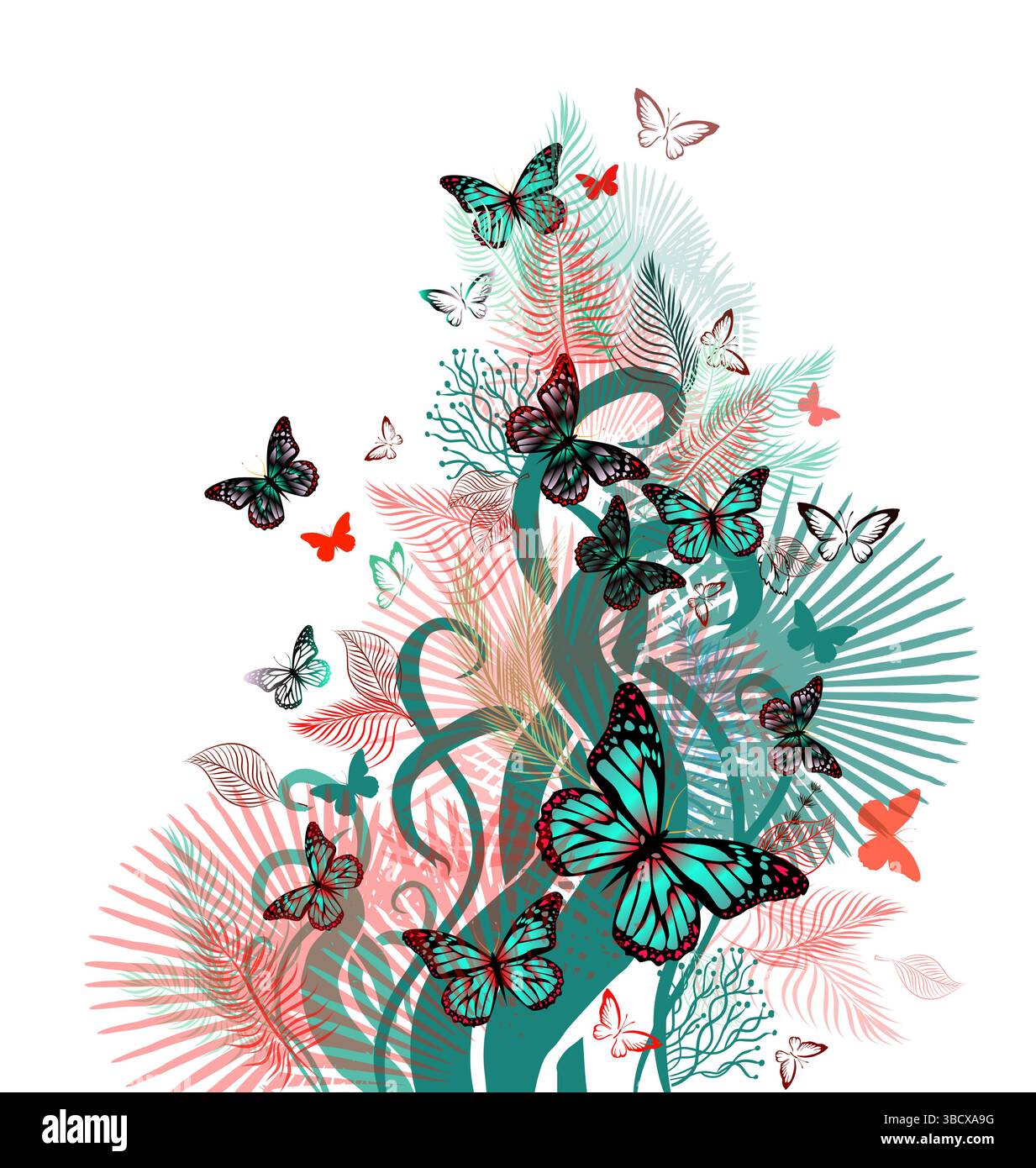 Astrazione con fiori e farfalle. disegnato a mano. Non ai, illustrazione vettoriale Illustrazione Vettoriale