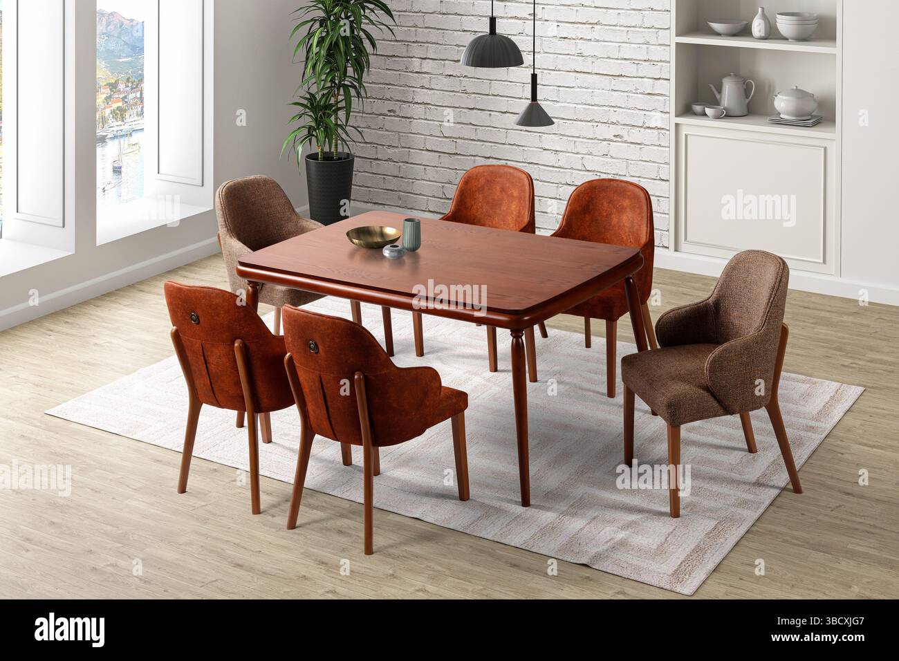 Rendering 3D degli interni moderni della sala da pranzo. design degli interni. tavolo da pranzo Foto Stock Rendering 3D degli interni moderni della sala da pranzo. design degli interni. tavolo da pranzo Foto Stock