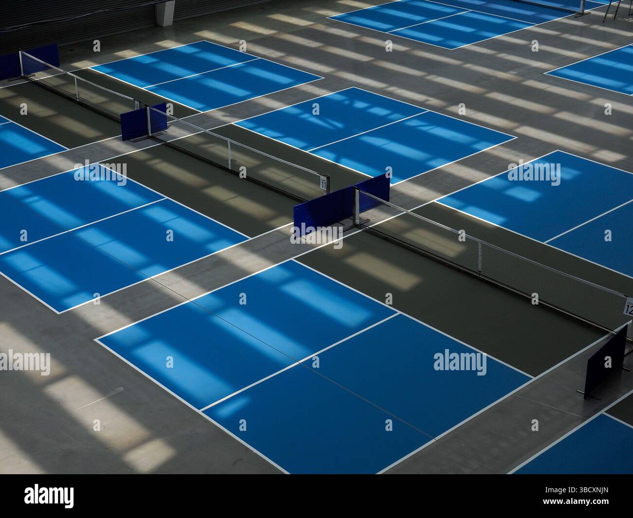 Campo da picnic al coperto con area di servizio blu e area grigia scuro nota come cucina o area non-volley con un po' di luce e ombre in gioco. Foto Stock