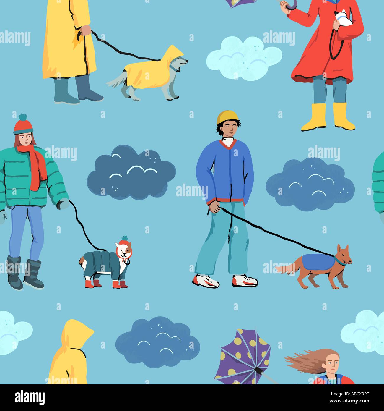 La gente cammina con i cani in caso di maltempo. Una passeggiata con un cane in autunno e in inverno sotto la pioggia in una giornata fredda. Ripetizione continua vettoriale. Illustrazione Vettoriale