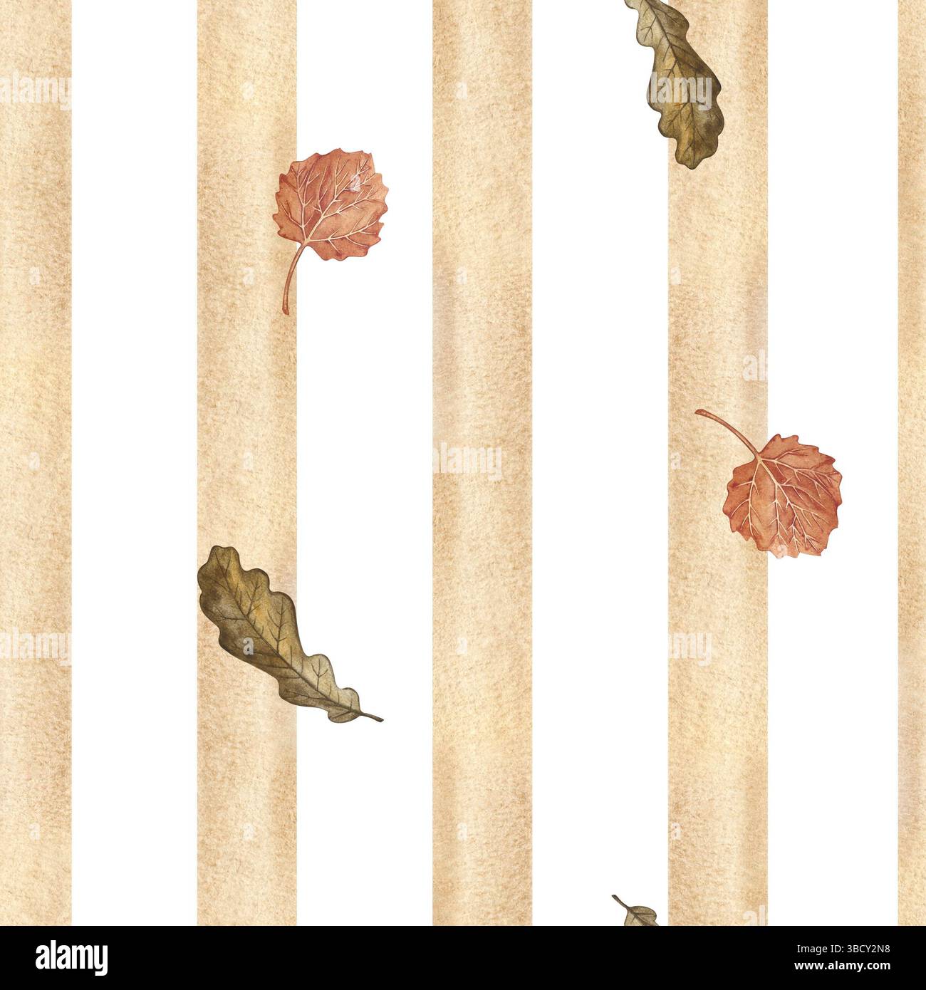 Motivo autunnale senza cuciture con strisce verticali e foglie. Illustrazione ad acquerello fatta a mano, per imballaggi, tessuti, carta da parati, stampa e confezionamento Foto Stock