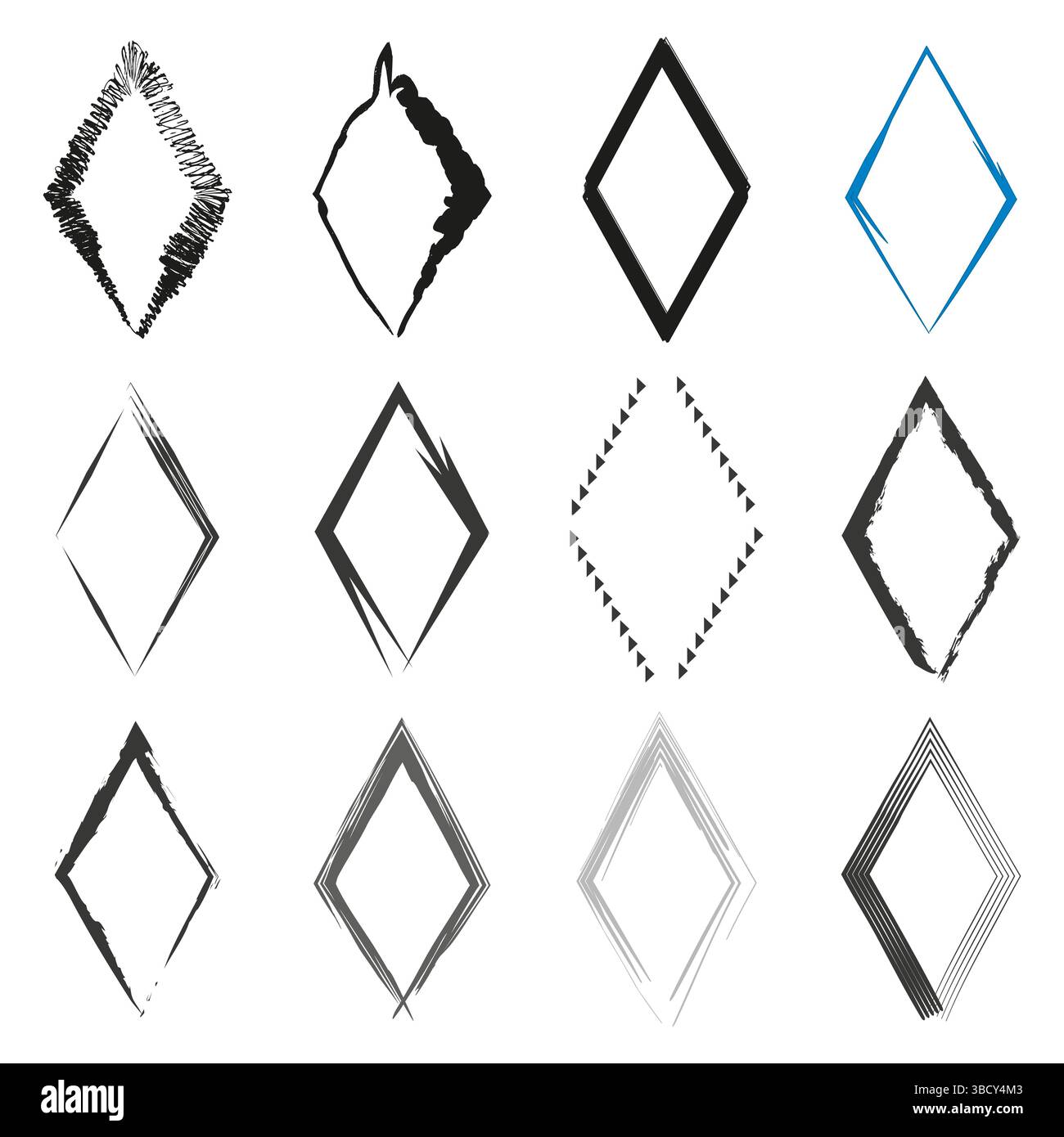 Diamanti a inchiostro astratto. Cornici di stile schizzo. Forme affilate. Bianco e nero. Illustrazione Vettoriale