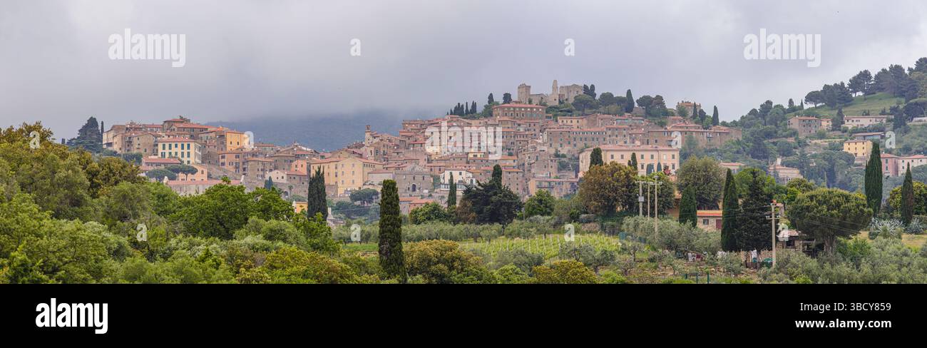 Campiglia Marittima, pittoresco villaggio toscano tra verdi colline e lussureggianti oliveti in Italia Foto Stock