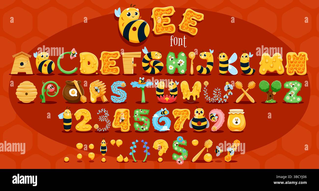 Font api miele, caratteri apicoli, tipo apiario, alfabeto cartoni animati inglese con lettere a tema api, numeri e segni con elementi apiari. Personaggi divertenti vettoriali abc, vasi di miele e fiori Illustrazione Vettoriale