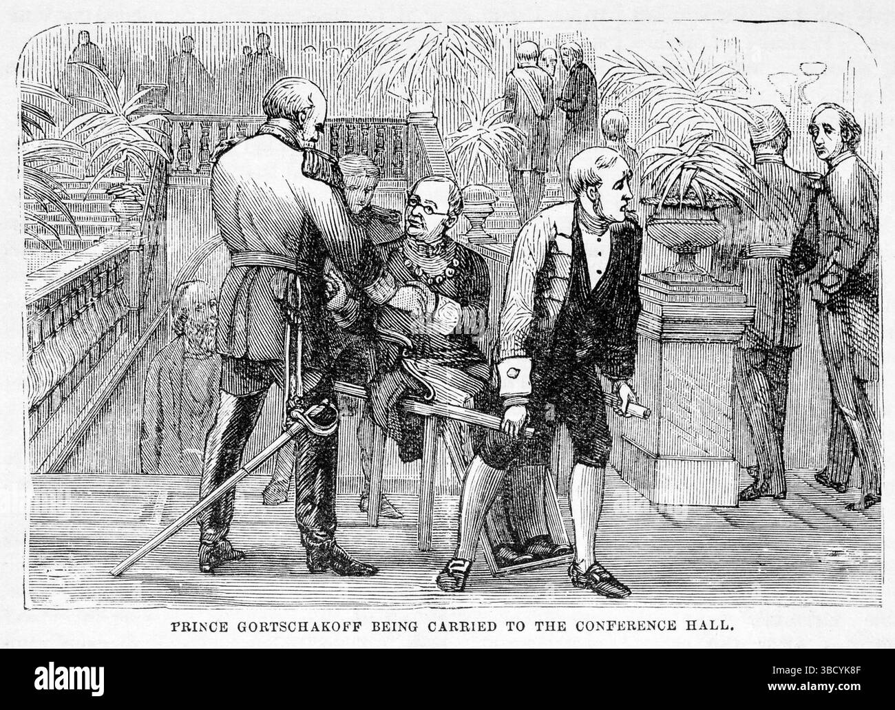 Il Congresso di Berlino - il principe Alexander Gorchakov viene portato nella sala conferenze (1878). Illustrazione del XIX secolo dal Popular Monthly di Frank Leslie Foto Stock