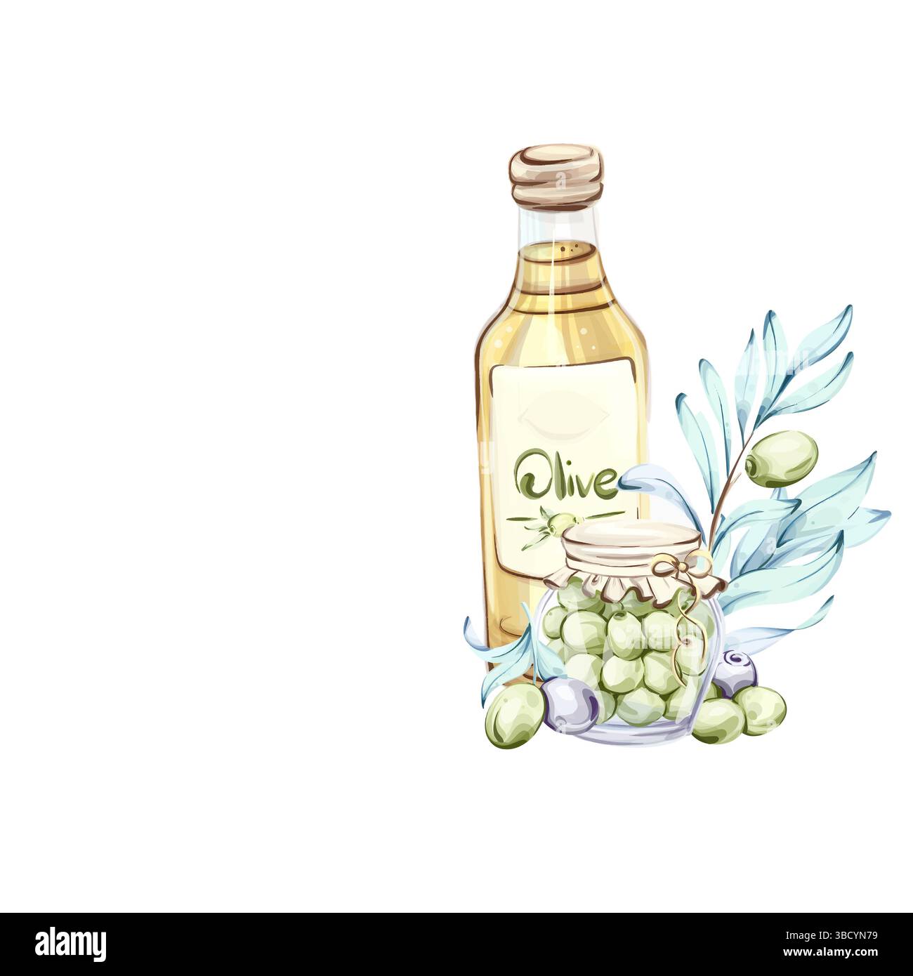 Olive e olio d'oliva illustrati in acquerello che riflette la cucina italiana e la bellezza della natura incorniciano, bordo, disposizione Illustrazione Vettoriale