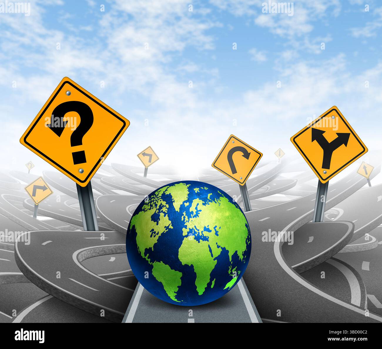 Incertezza globale e questioni internazionali come strategia economica mondiale o rischio climatico di scegliere il giusto percorso strategico con segnali stradali gialli Foto Stock