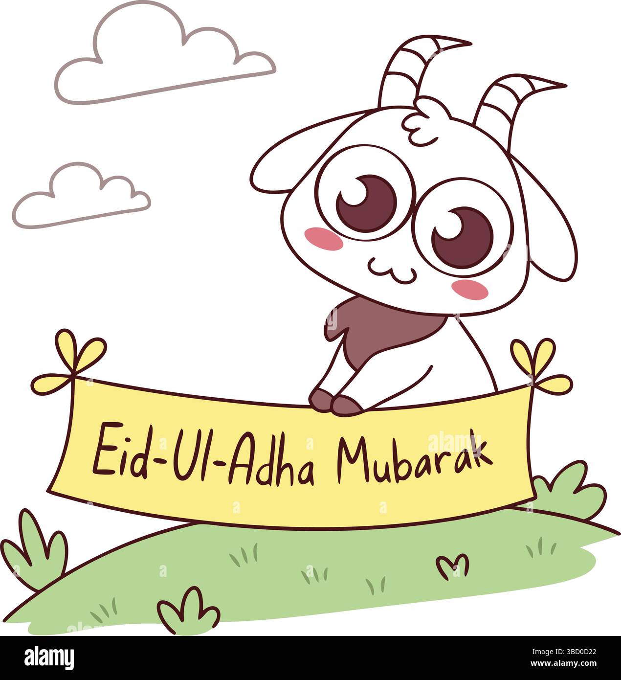 Divertente Cartoon personaggio Eid ul Adha biglietto d'auguri con animali carini e nuvole elementi Illustrazione Vettoriale