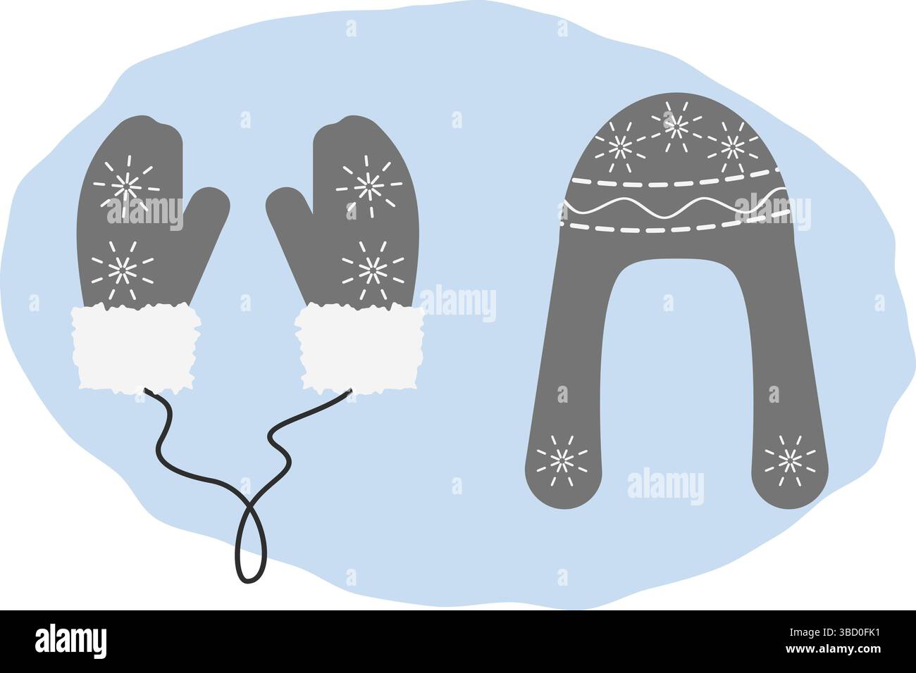 Cappello caldo e guanti di pelliccia su corda con ornamenti di fiocchi di neve in scala di grigi set di pittogrammi per abiti invernali. Cartolina tematica di saluto con illustrazione vettoriale isolata, banner pubblicitario o promozionale, opuscolo, prezzo, etichetta Illustrazione Vettoriale