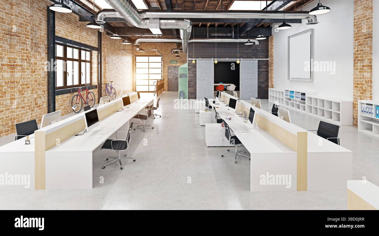 Ufficio creativo con più postazioni di lavoro e sedie. Rendering 3D. Foto Stock