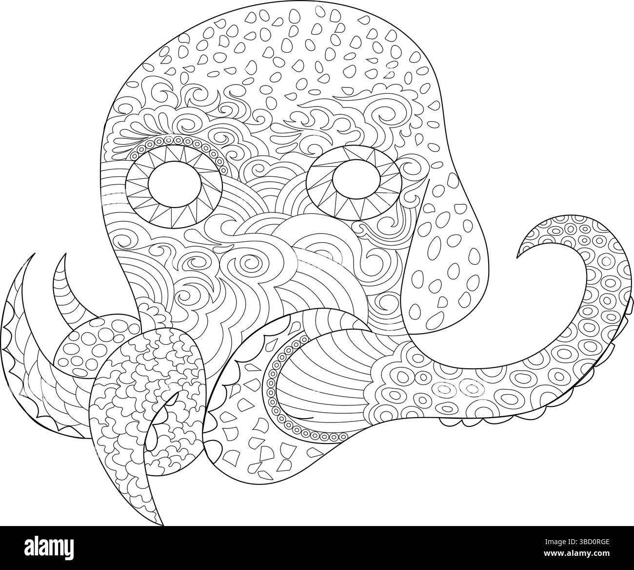 Contorno bianco e nero che raffigura un polpo stilizzato pieno di intricati motivi ispirati allo zentangolo, perfetto per libri da colorare per adulti, relax Illustrazione Vettoriale