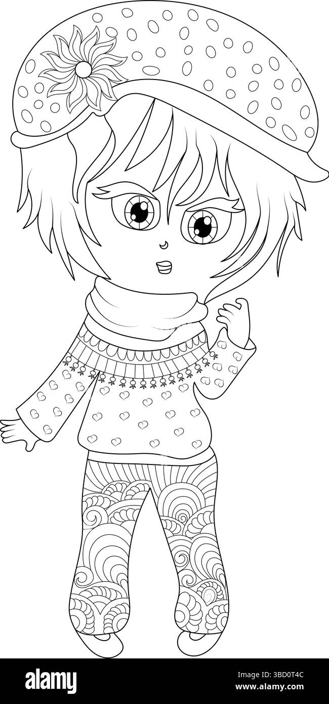 Illustrazione in bianco e nero di una ragazza chibi carina. Presenta un personaggio con occhi grandi che indossa un cappello con un fiore e un maglione a motivi geometrici Illustrazione Vettoriale