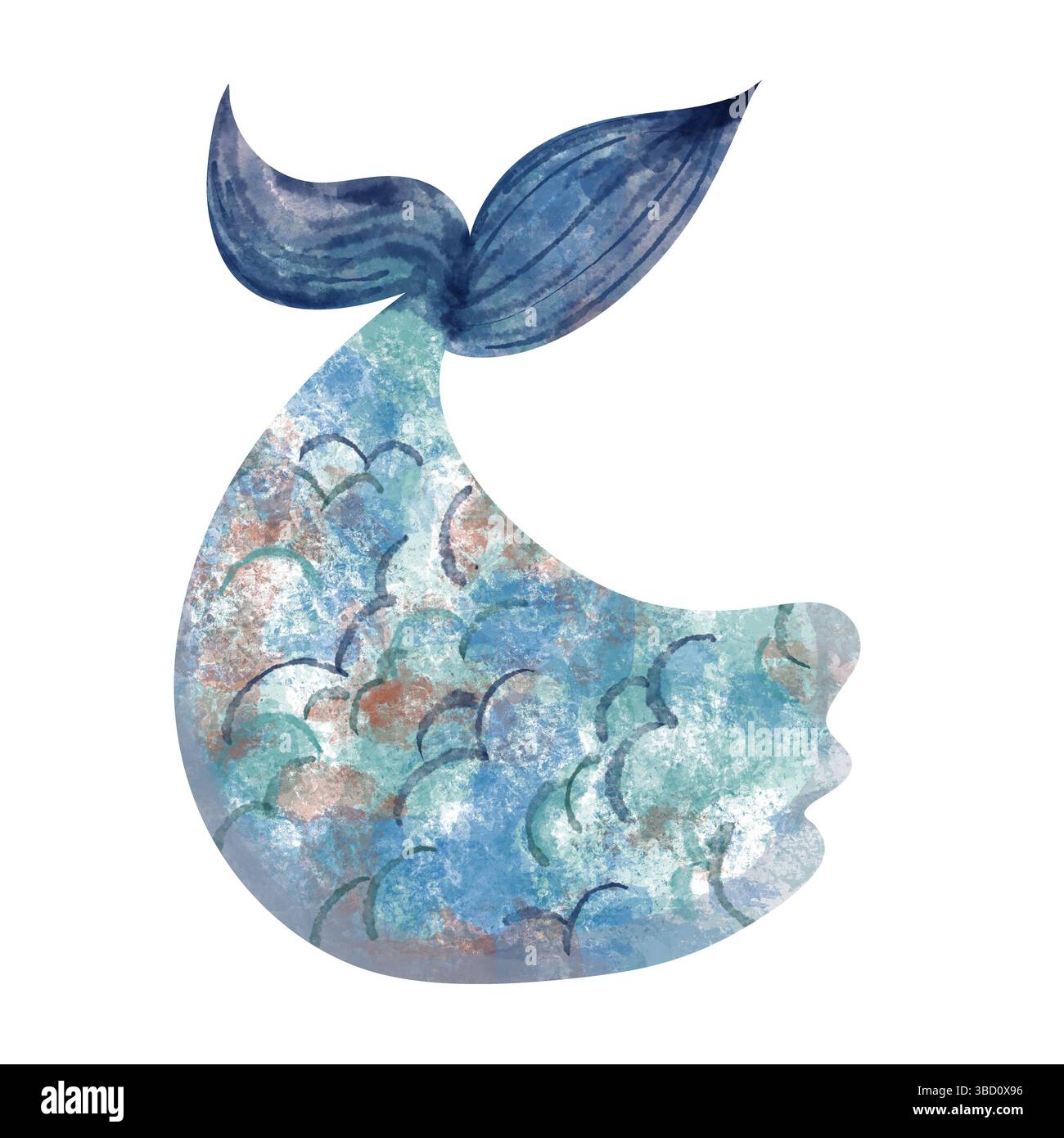 Un'elegante illustrazione ad acquerello che mostra una coda di sirena, adornata da splendide sfumature e texture oceaniche Foto Stock