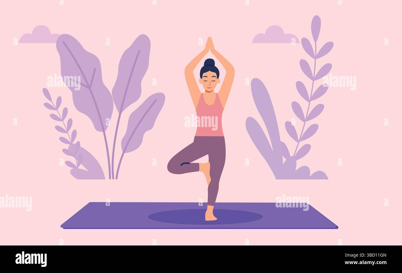 Yoga Tree pose Vrikshasana donna Balancing Yoga Mindful Balance Exercise Quiet Yoga Practice Illustrazione Vettoriale