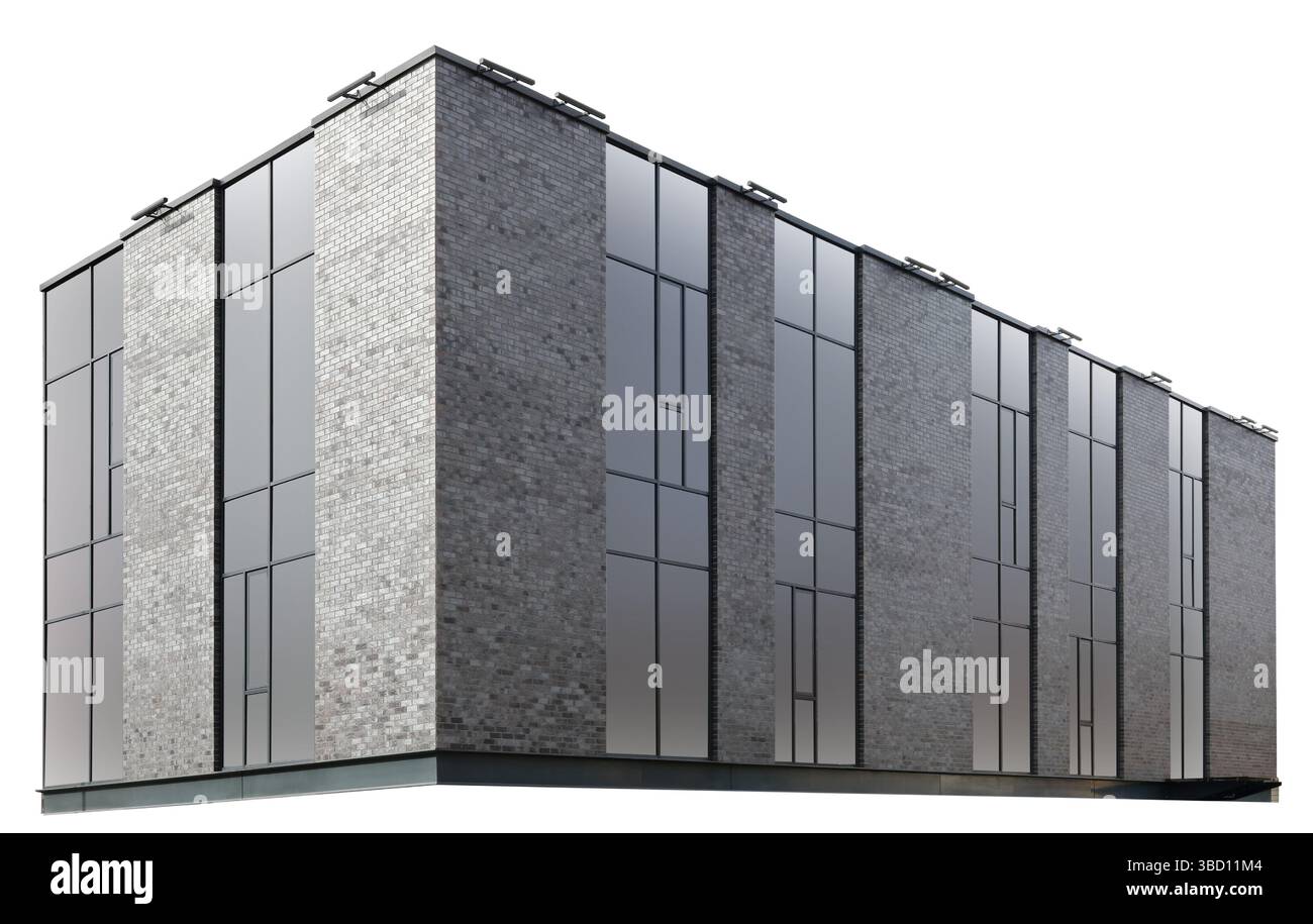 Edificio moderno con grandi finestre fatte di mattoni neri isolati su bianco Foto Stock