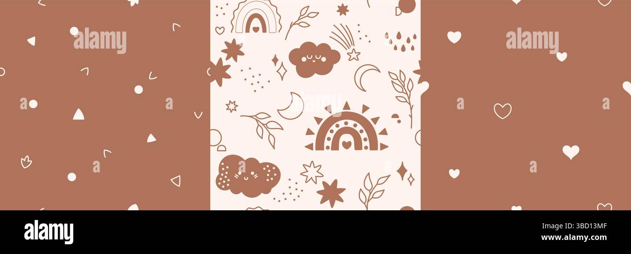 Bambino neutro dal sesso motivi senza cuciture immagini ripetute con nuvole di kawaii e foglie arcobaleni cuori della luna. Illustrazione Vettoriale