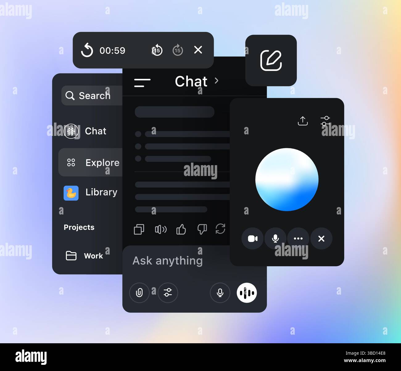 Chatbot di intelligenza artificiale generativa nel telefono cellulare. Interfaccia AI. Assistente vocale e opzioni di conversazione testuale. Il cruscotto in modalità oscura mostra la navigazione, la navigazione Illustrazione Vettoriale