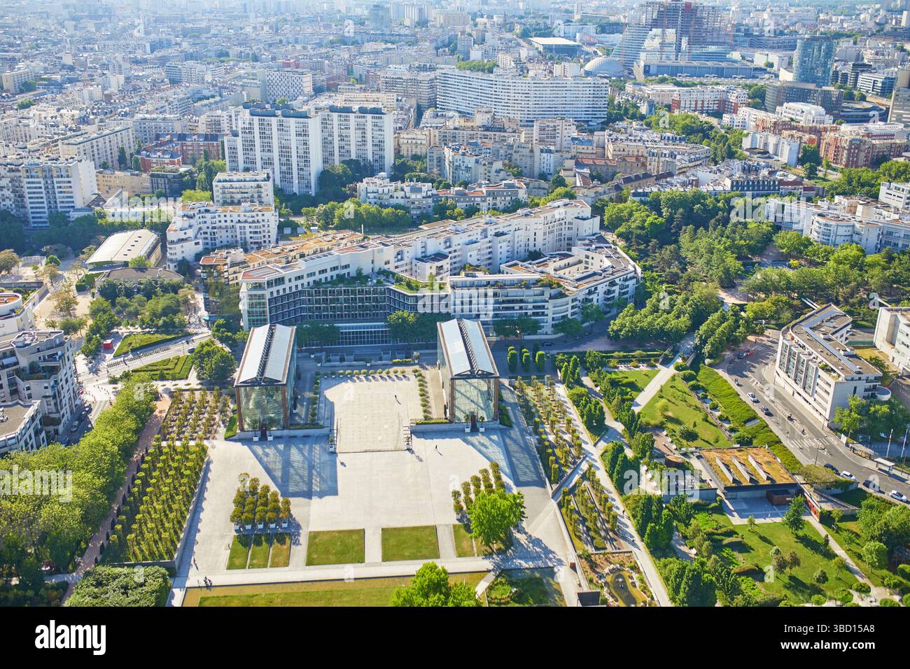 Vista aerea del Parc Andre Citroen nel 15° arrondissement di Parigi, Francia Foto Stock