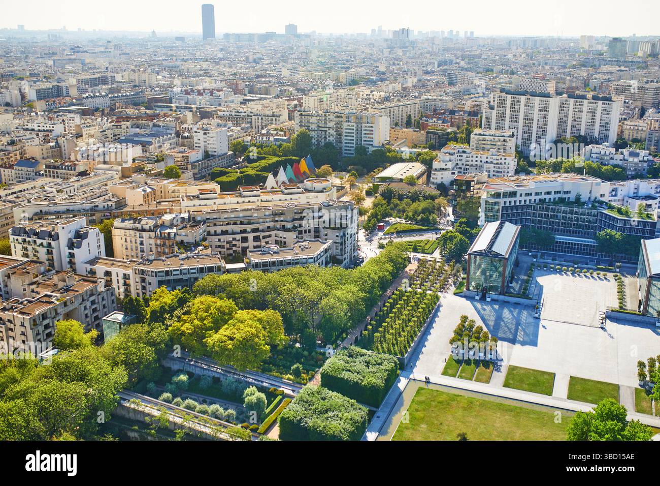 Vista aerea del Parc Andre Citroen nel 15° arrondissement di Parigi, Francia Foto Stock