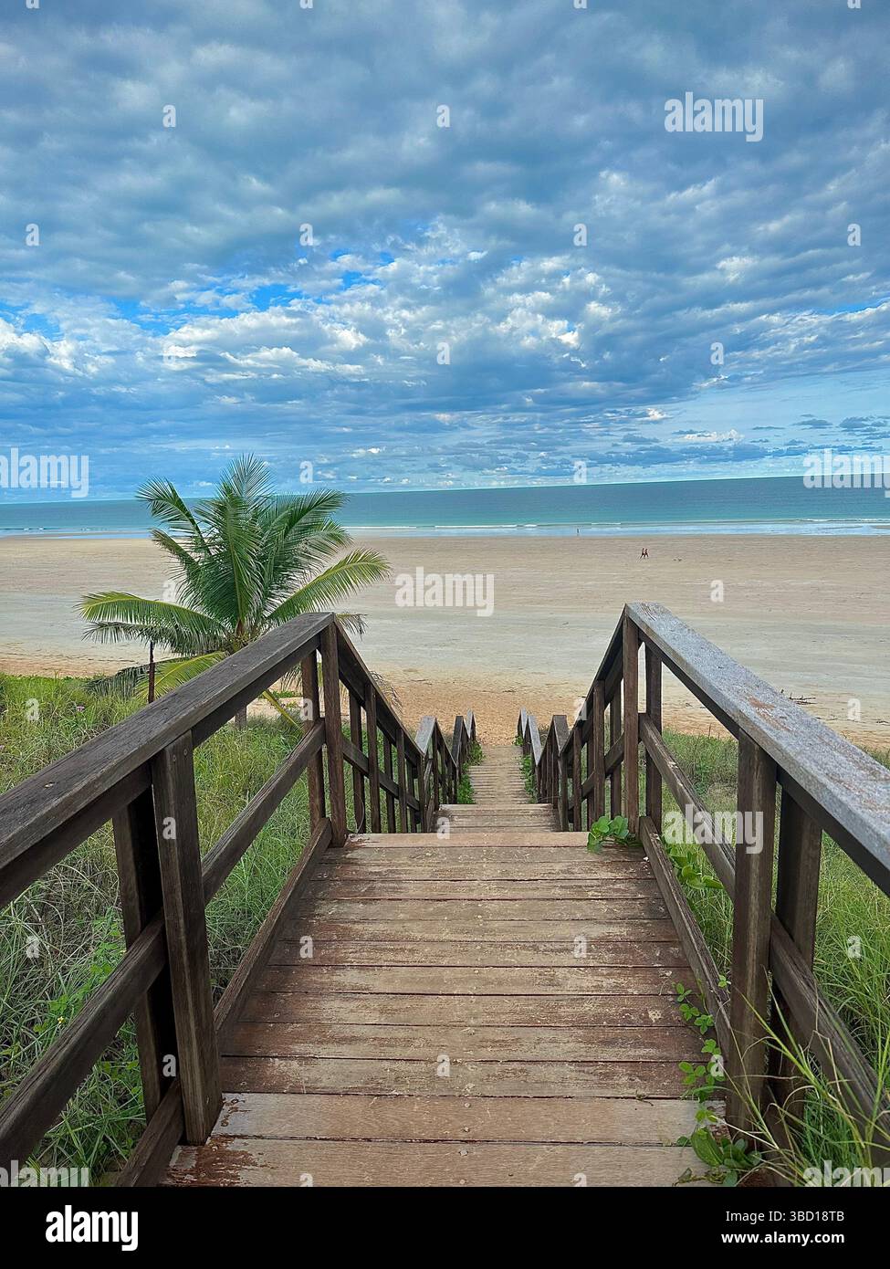 Passerella in legno fino a un'ampia spiaggia sabbiosa sotto un cielo nuvoloso, con una palma solitaria che aggiunge fascino tropicale: Un'invitante fuga costiera - Immagine stock catturata con smartphone