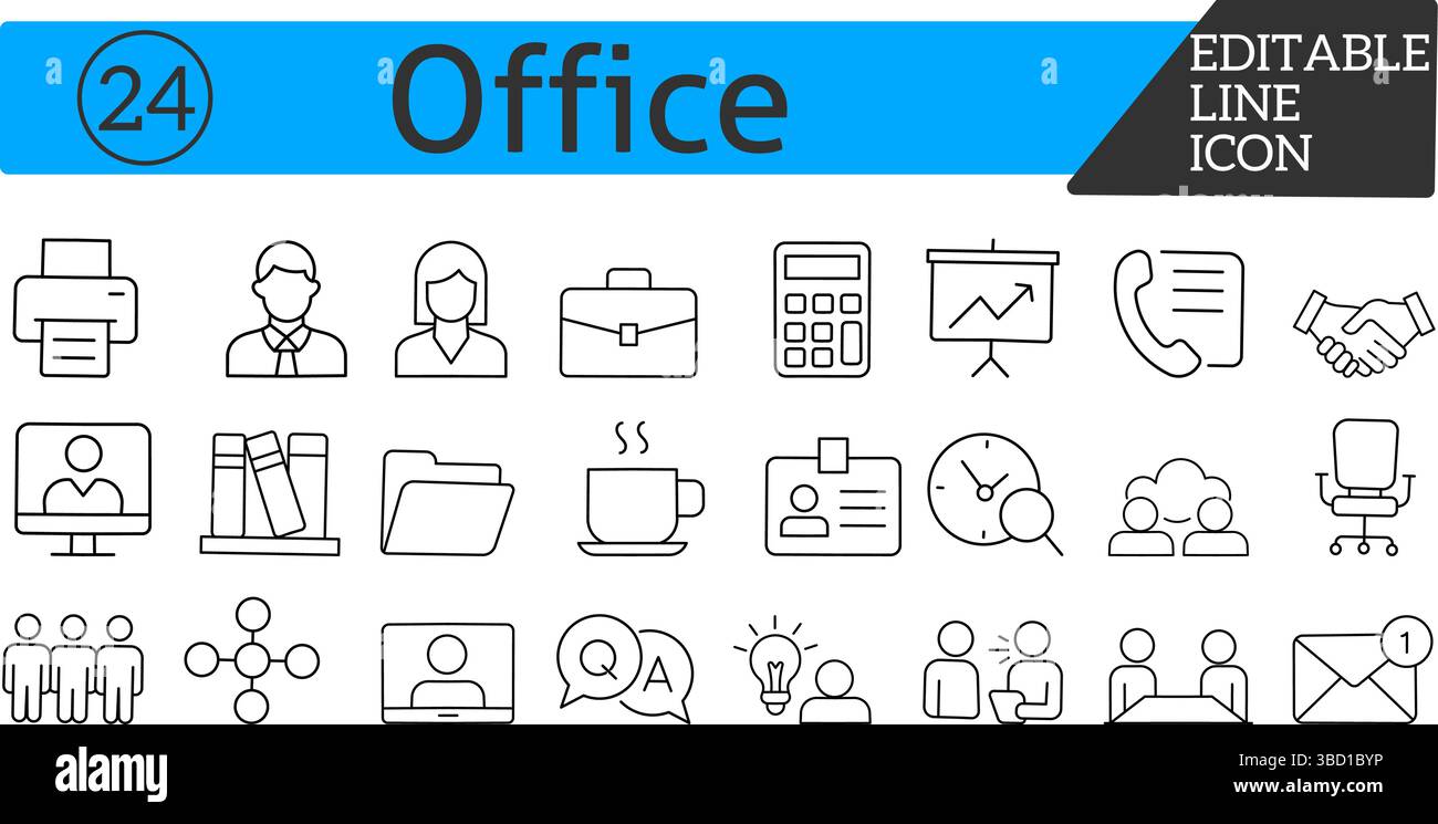Icone Modern Office - Set vettoriale per Business, comunicazione e flusso di lavoro Illustrazione Vettoriale