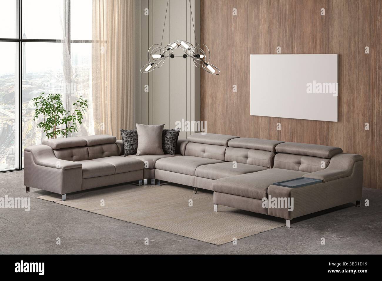 Salotto moderno con rendering 3D. Set di mobili moderni. Foto Stock Salotto moderno con rendering 3D. Set di mobili moderni. Foto Stock