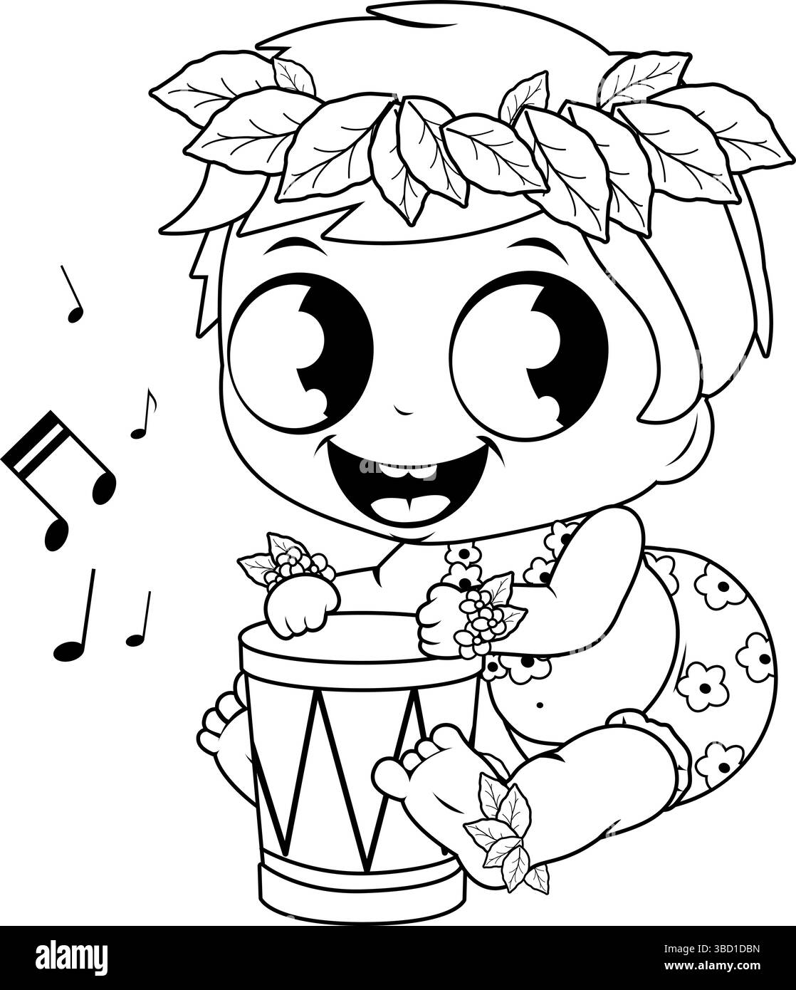 Bambino hawaiano che suona musica con la batteria. Un simpatico bambino dei cartoni animati suona la batteria pahu per la danza hawaiana hula. Pagina di colorazione vettoriale in bianco e nero. Illustrazione Vettoriale