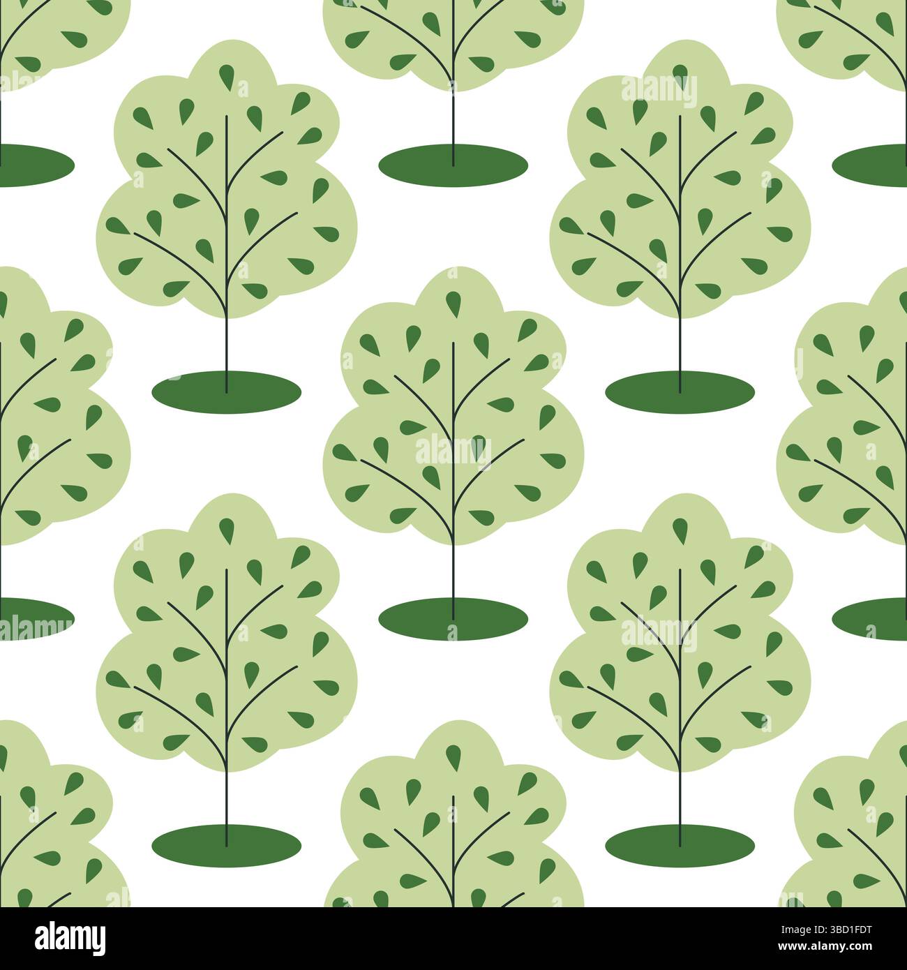 Alberi verdi con foglie giovani senza cuciture. Sfondo con semplici alberi singoli. Stampa foresta decidua, grafica vettoriale Illustrazione Vettoriale