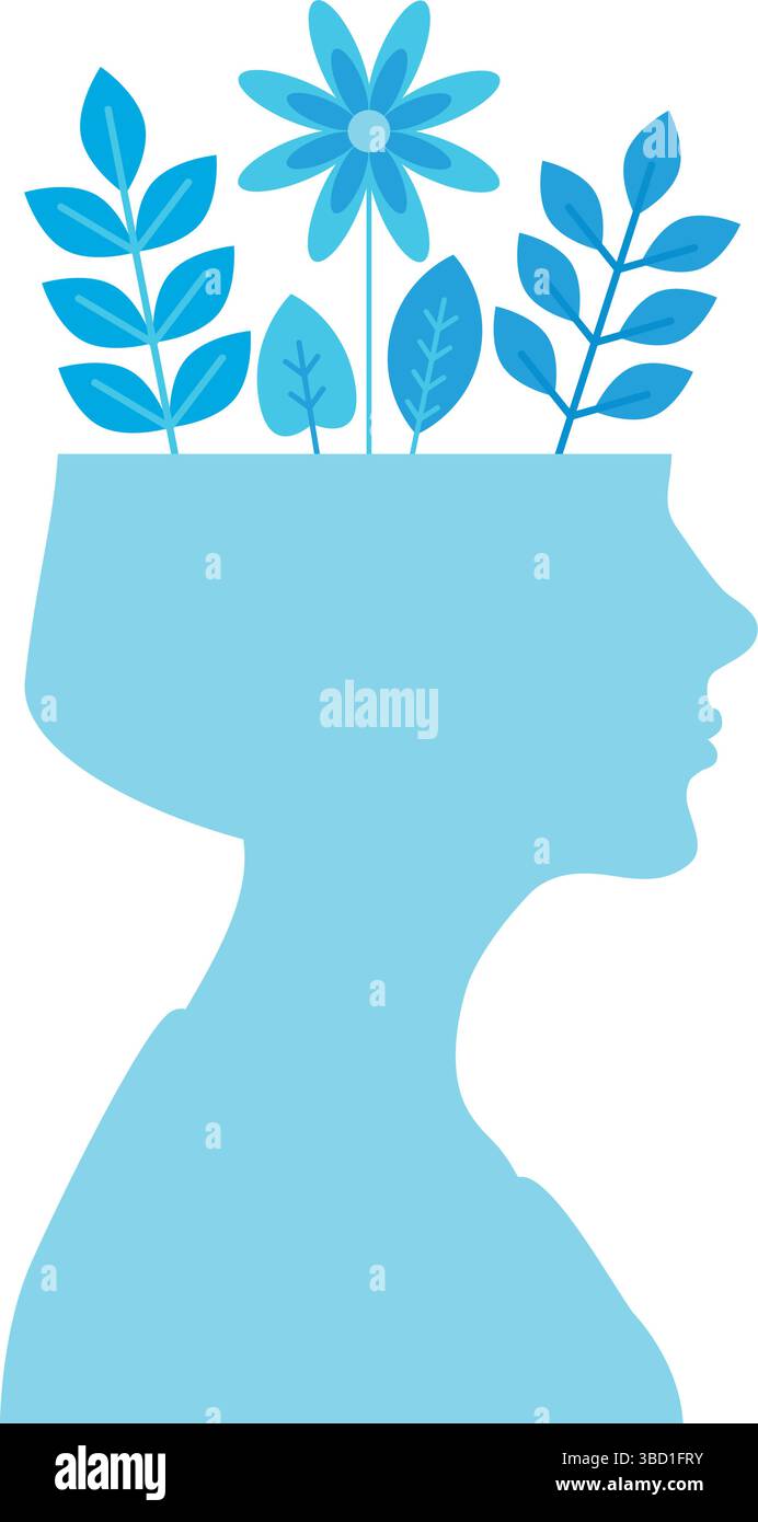 concetto di salute mentale umano con illustrazione vettoriale del cervello in fiore Illustrazione Vettoriale