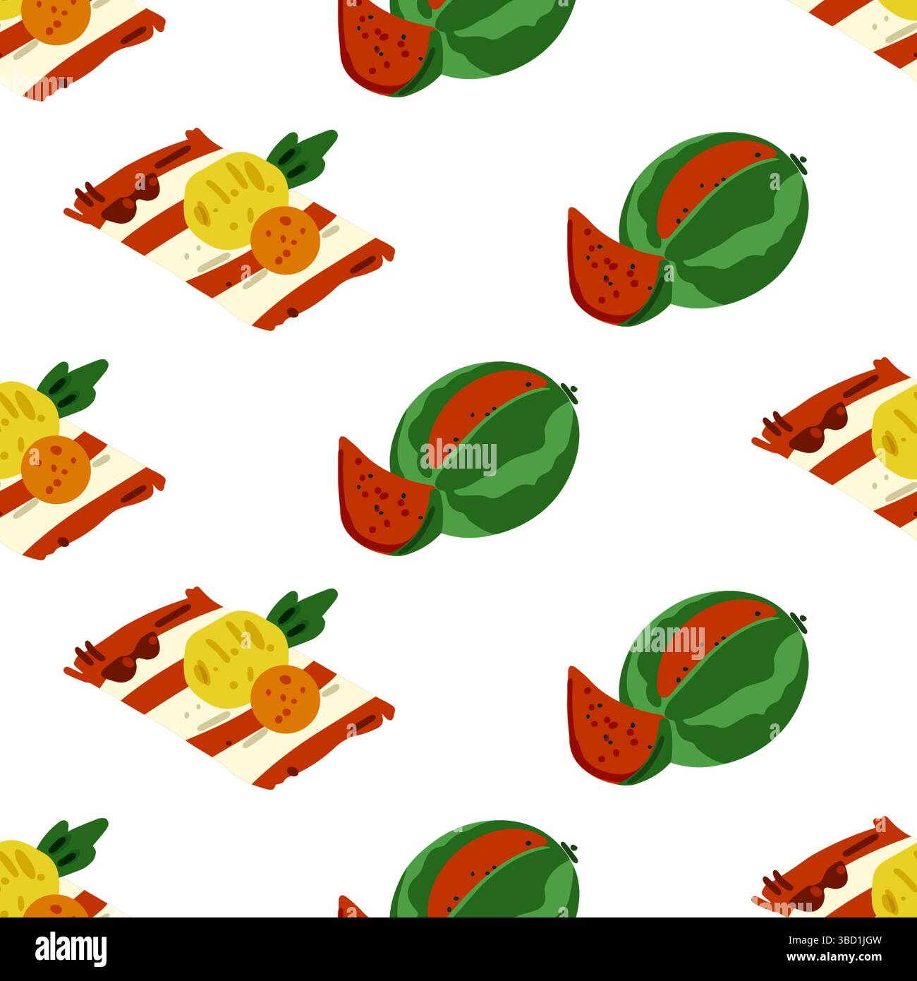 Motivo senza cuciture con cocomeri interi, fette di frutta e coperte da picnic. Design estivo piatto con elementi gastronomici tropicali su sfondo bianco. Illustrazione Vettoriale
