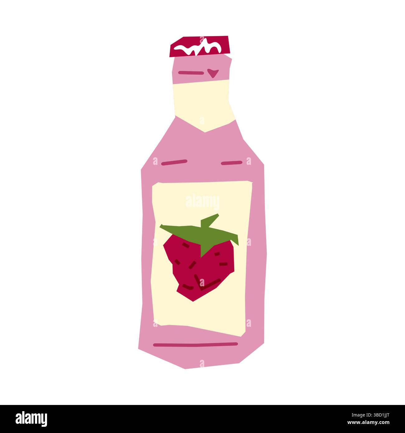 Immagine piatta minima di una bottiglia rosa con etichetta di fragola. Isolato su sfondo bianco, stile cartoni animati geometrico. Illustrazione Vettoriale