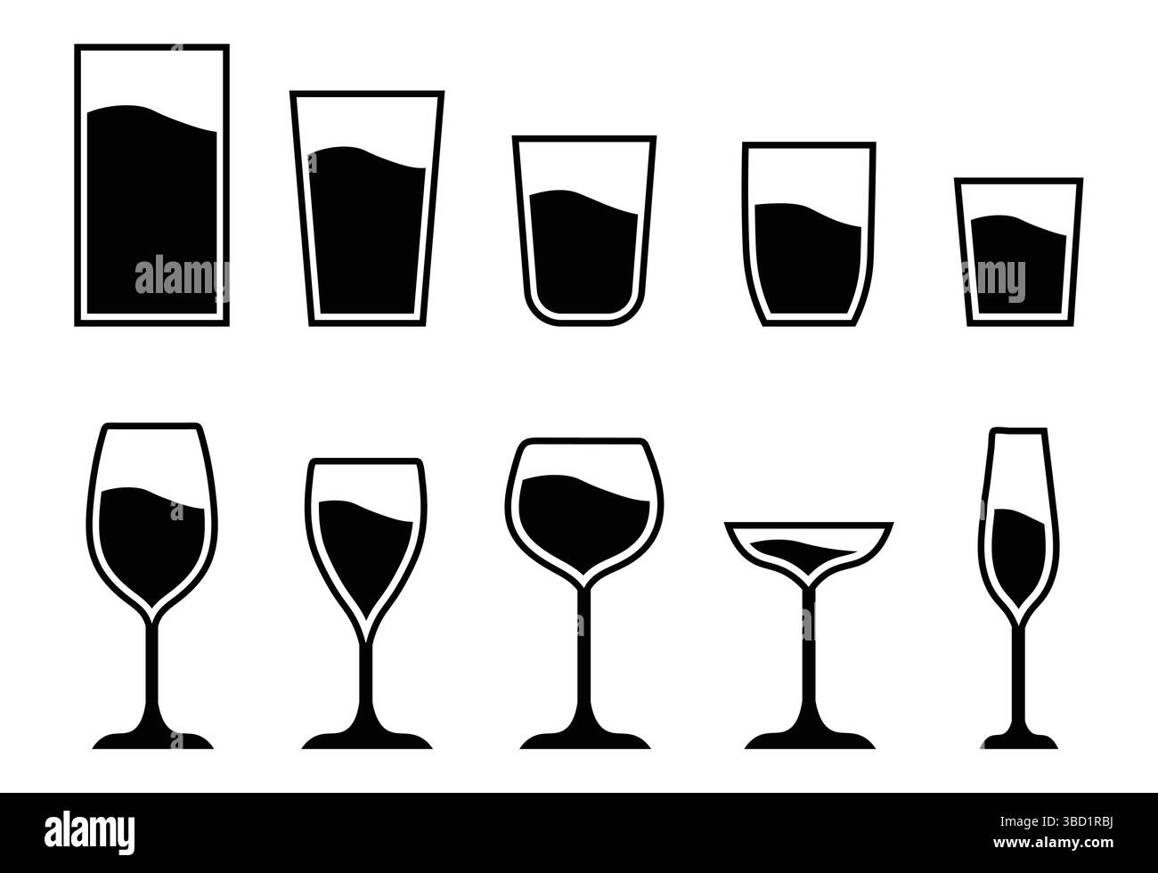 Icona a forma di tazza in vetro. Vetreria e pasticceria icone di birra, vino, alcol, brandy, martini, champagne, latte, cocktail, bicchieri reali, vettoriale Illustrazione Vettoriale