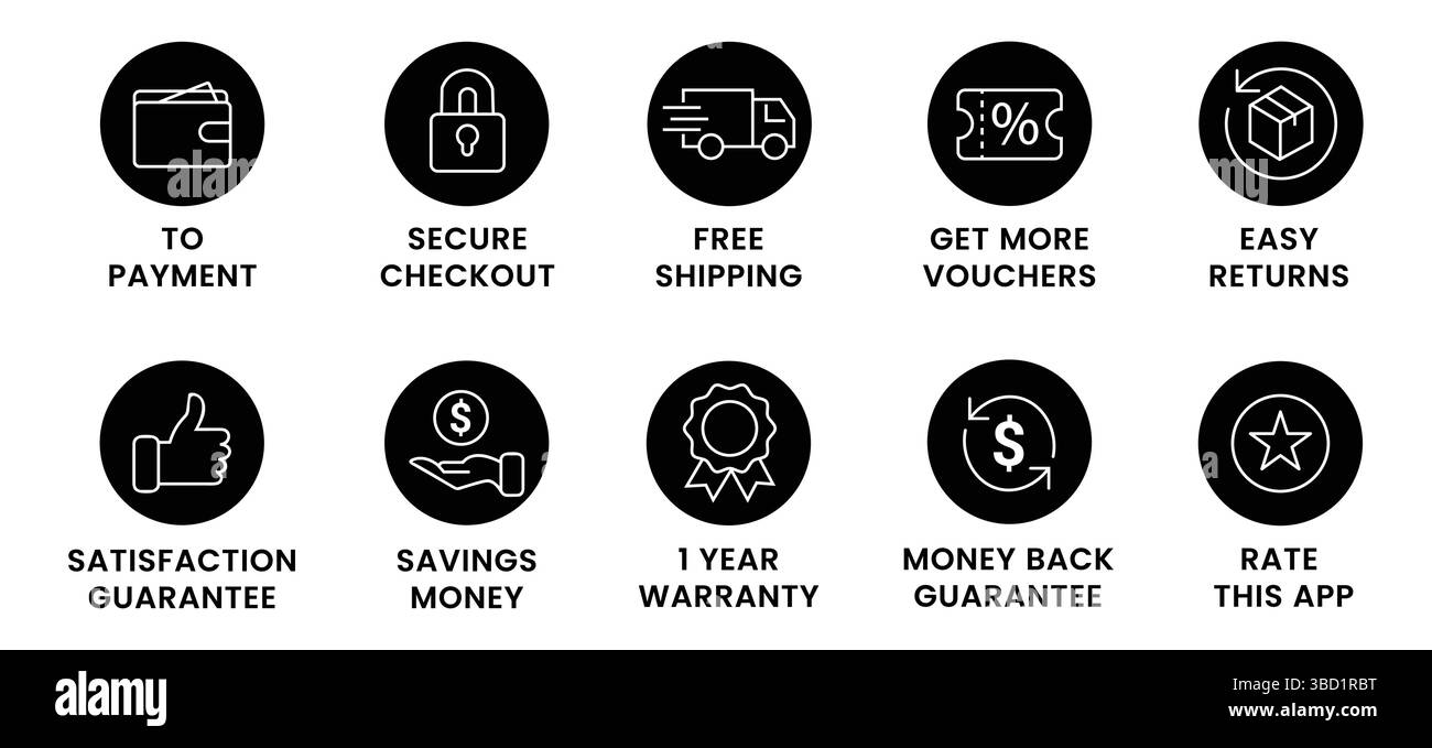 Set di linee icone di e-commerce e shopping. Illustrazione vettoriale. Illustrazione Vettoriale