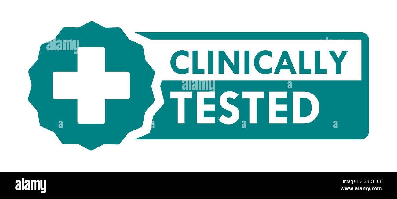 Etichetta clinicamente testata o icon Vector clinicamente testato isolato in stile piatto. Etichetta clinicamente testata per l'imballaggio del prodotto. Illustrazione Vettoriale