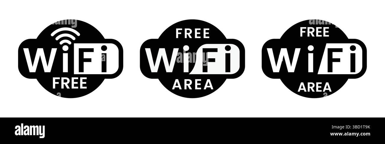 Set di icone wifi gratuito. Logo wifi gratuito, etichetta, cartello, badge, simbolo isolato su sfondo bianco. Segnale Wi-Fi, luogo pubblico, punto di accesso, Wi-Fi pubblico, Illustrazione Vettoriale