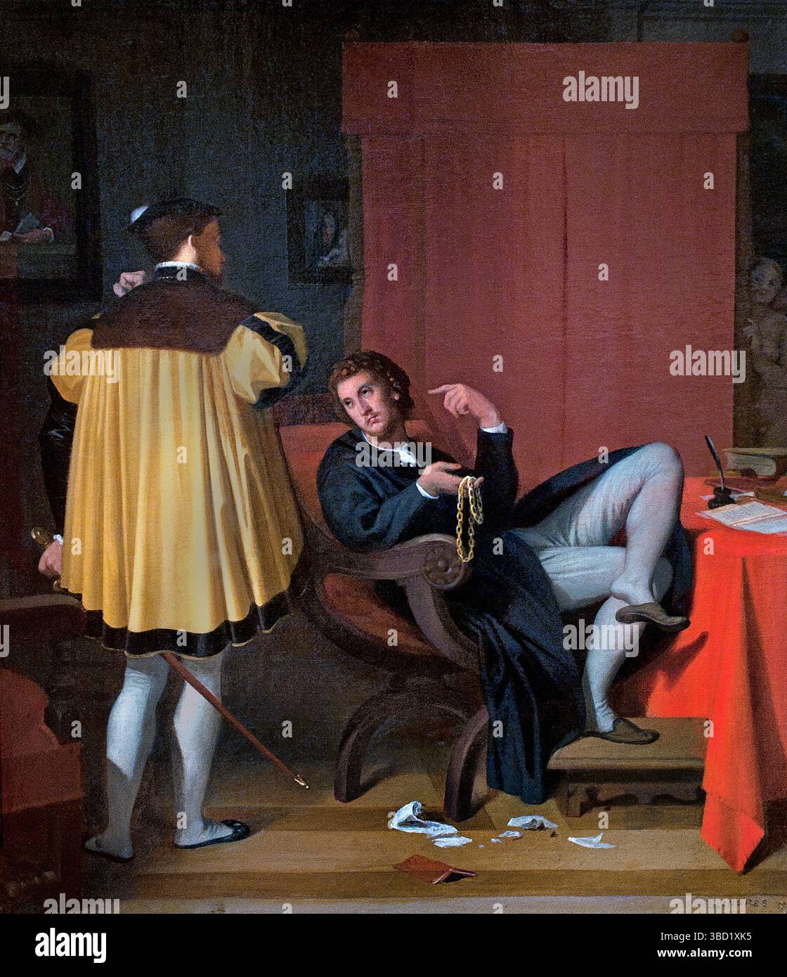 L'Arétin et l'envoyé de Charles Quint - Aretino e l'inviato di re Carlo V nel 1848 Jean Auguste Dominique Ingres France Louvre, Parigi, Francia, francese. [ Pietro Aretino (1492-1556) godette della sua notorietà e si diede il nome di "flagello dei principi". Scrisse versi satirici, drammi e numerose lettere, ed è stato patrocinato dai papi e da importanti famiglie del Rinascimento italiano, tra cui i Medici e i Gonzaga. Arentino oscurò i fatti della sua nascita, finse di essere figlio di un nobile e creò il suo nome dalla sua città natale di Arezzo. Dopo essere stato costretto a lasciare Roma Foto Stock