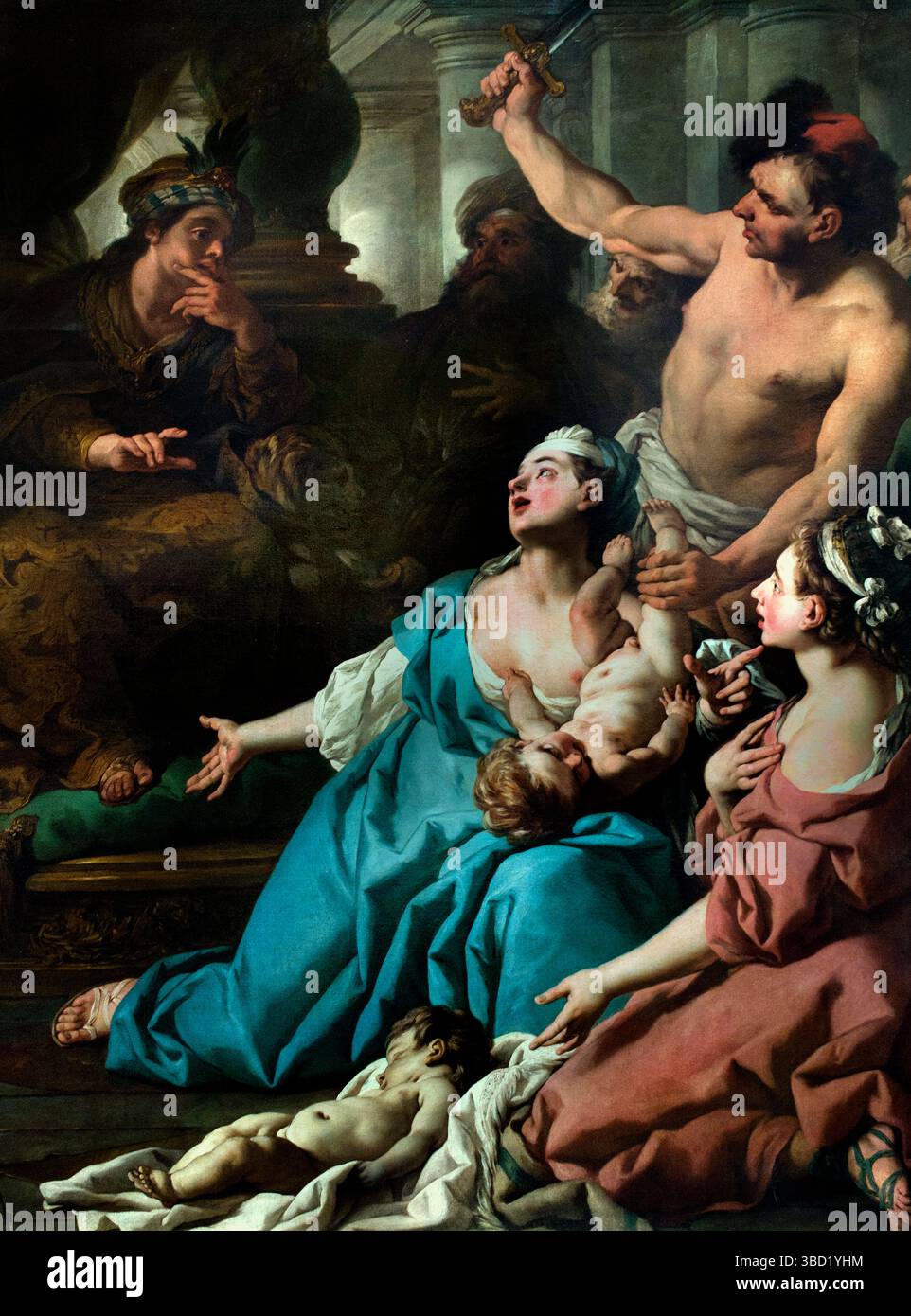 Sentenza di Salomone,1742, Jean Francois de Troy, Francia francese, 1674-1742, Louvre, Parigi, Francia, francese. [ Re Salomone, noto per la sua saggezza, ideò un piano per determinare la vera madre suggerendo che il bambino fosse tagliato a metà e condiviso. La vera madre, incapace di sopportare il pensiero che suo figlio venisse ucciso, supplicò l'altra donna di avere il bambino per salvargli la vita. La falsa madre, d'altra parte, ha accettato la divisione. Salomone, riconoscendo l'amore e l'altruismo della vera madre, le ha assegnato il bambino. Foto Stock