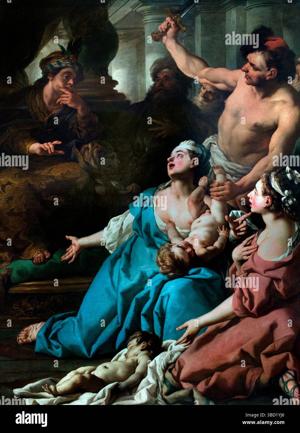 Sentenza di Salomone,1742, Jean Francois de Troy, Francia francese, 1674-1742, Louvre, Parigi, Francia, francese. [ Re Salomone, noto per la sua saggezza, ideò un piano per determinare la vera madre suggerendo che il bambino fosse tagliato a metà e condiviso. La vera madre, incapace di sopportare il pensiero che suo figlio venisse ucciso, supplicò l'altra donna di avere il bambino per salvargli la vita. La falsa madre, d'altra parte, ha accettato la divisione. Salomone, riconoscendo l'amore e l'altruismo della vera madre, le ha assegnato il bambino. Foto Stock