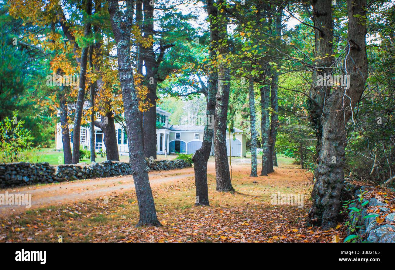 La magia autunnale del New England: Una strada sterrata si snoda oltre una parete di mattoni intemprati, che si illumina di colori autunnali. Pura bellezza rustica! Foto Stock