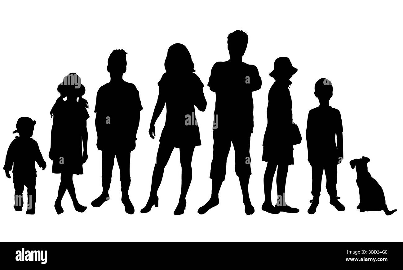 Sagoma di una grande famiglia o di un gruppo con bambini e cane Illustrazione Vettoriale